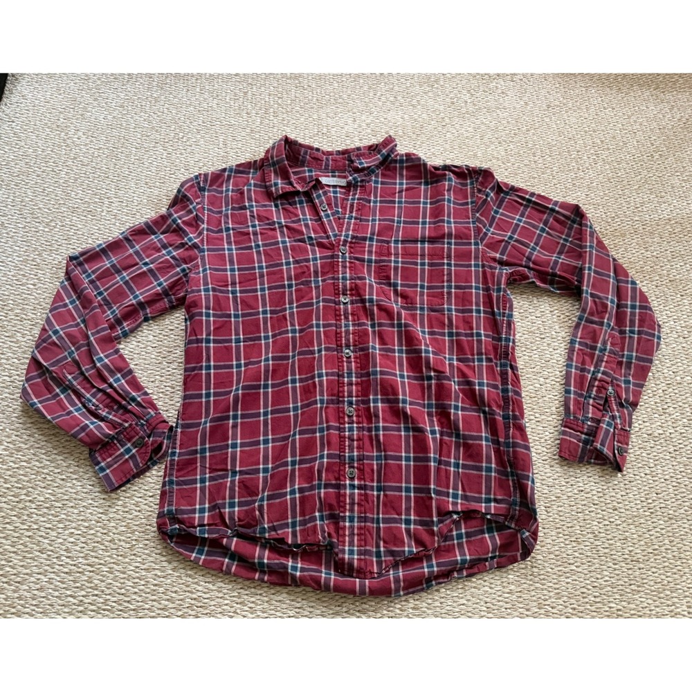 Outerknown Mens Organic Cotton Plaid Button Down Shirt Burgundy Navy Large